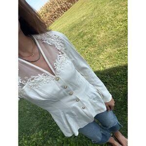 Vintage 80s Lace Sheer Embroidered Button Up, USA Made Size 12